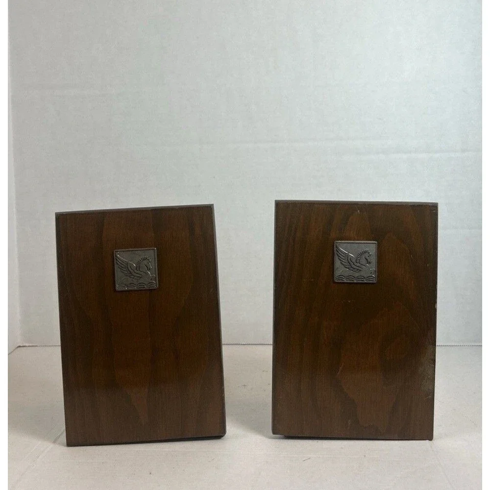 Pegasus Wood Bookends Mid Century Metal Inlay Horse 6.75” Tall Vintage Set of 2